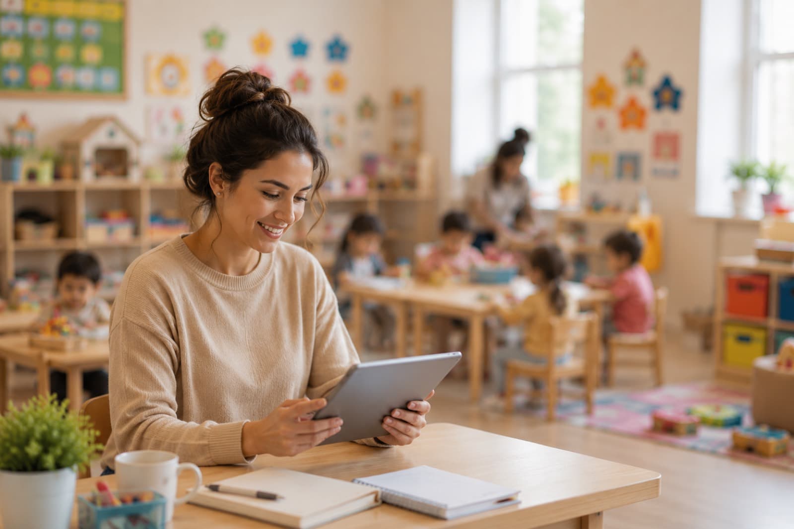 An early-childhood educator using Pontis on a tablet in a bright, busy classroom